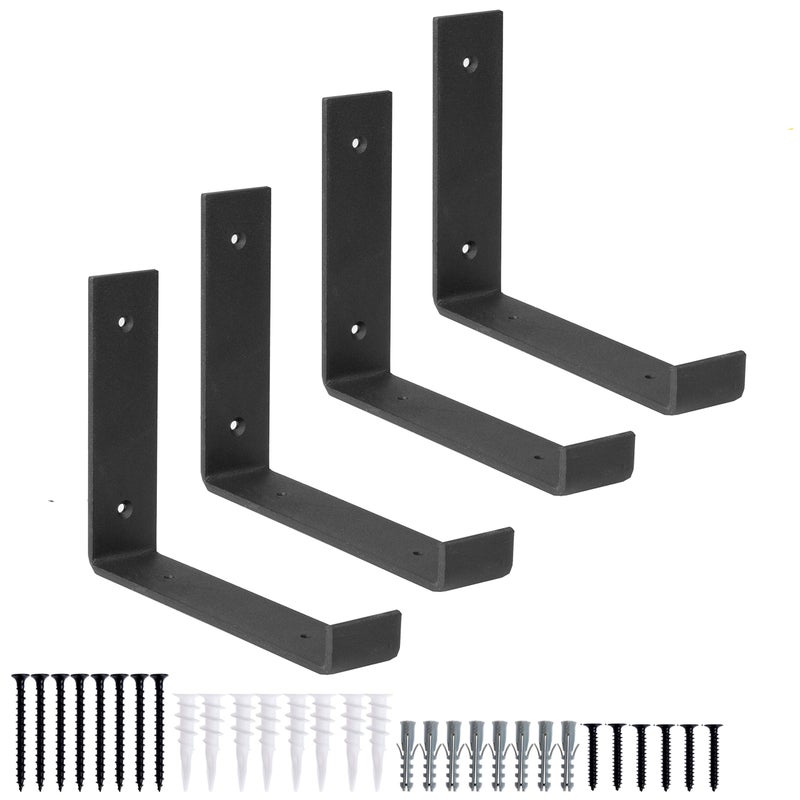 Ilyapa Heavy Duty Floating Shelf Brackets, 4 Pack, Rustic Iron - 6 x 7.25 Inch Black Metal Shelf Holders for Wall Mount Shelves - Image 1